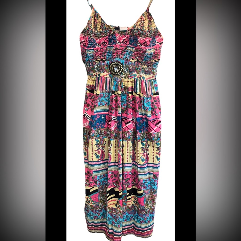 PALAK Colorful Patchwork Cotton Sundress Maxi DRESS Blue Pink V Neck Medallion M